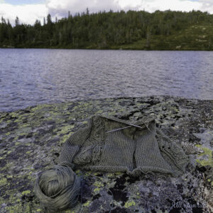 Grøn strikketøy ligg på ein grå stein ved eit vant